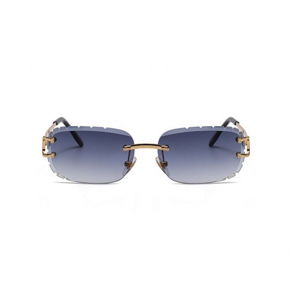 Mens Hand Carved Gold Frame Rimless Purple Tint Diamond Cut Luxury Sunglasses - Picture 1 of 4